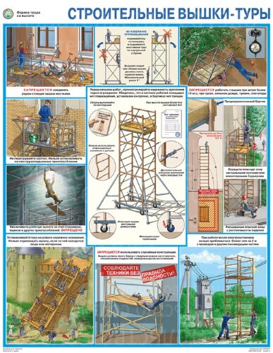 Плакат Охрана труда на высоте. Строительные вышки — туры — 1л. формат А2+ (465*600 мм)