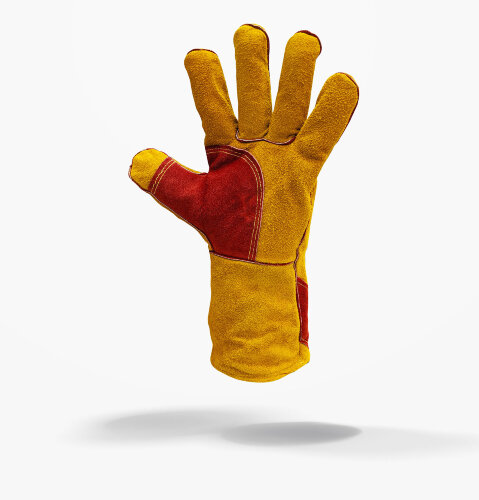 Перчатки-крага рабочая спилковая желтая с красным усилением утепленная