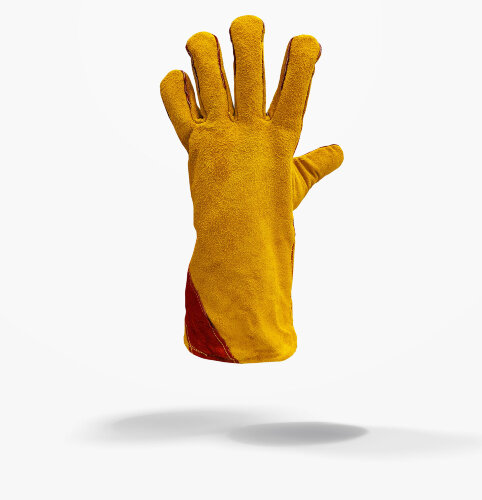 Перчатки-крага рабочая спилковая желтая с красным усилением утепленная