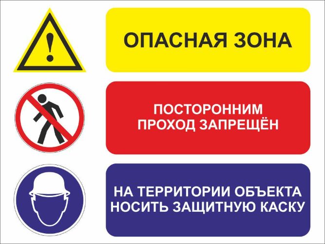 Комбинированный знак безопасности: опасная зона, вход запрещен, носить защитную каску