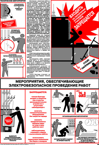Плакат: Мероприятия, обеспечивающие электробезопасное проведение работ, 1 штука