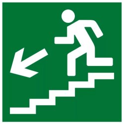 Знак E14 Направление к эвакуационному выходу по лестнице вниз налево