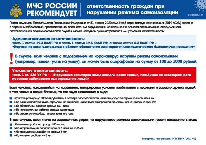 Плакат МЧС: Ответственность граждан при нарушении режима самоизоляции