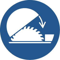 Знак M031 Использовать регулируемое ограждение настольного станка